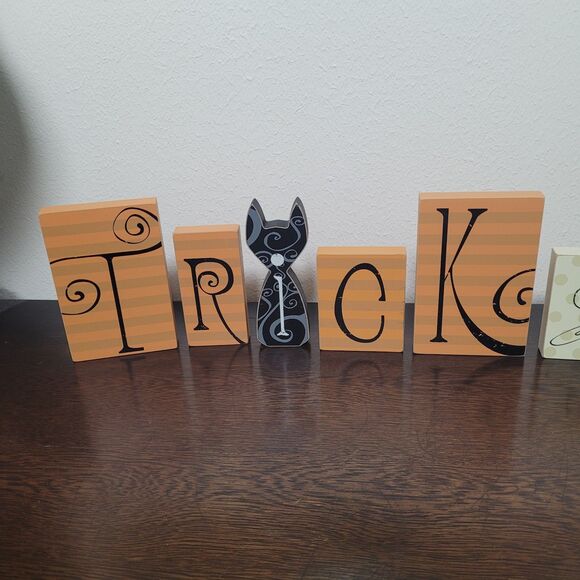 Trick Or Treat Wood Blocks Striped Cat Candy Corn 11pc Halloween Home Decor - Picture 3 of 11